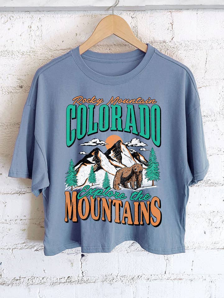 Rustee Clothing - Wholesale Screen Printed T-Shirt - Women's - COLORADO ROCKY MOUNTAIN GRAPHIC LONG CROP TOP