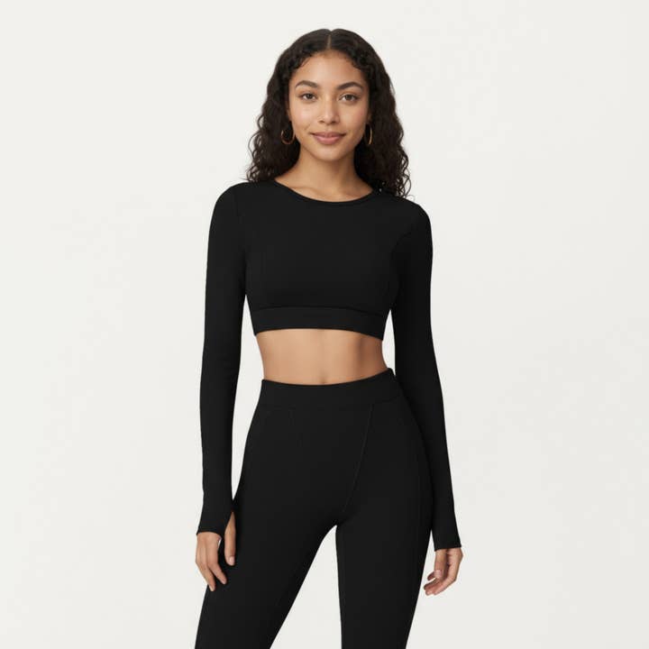 Active by Anna-Kaci - Wholesale Athletic Top - Women's - Ribbed Cropped Long-Sleeve Top with Square Neckline and Contour Seaming19