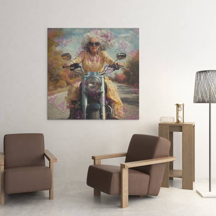 Fierce Motorbike Grandma Rider Canvas Original AI Art for wholesale by Slay Eclectic