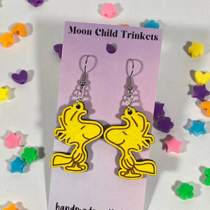 Cartoon Comic Yellow Bird Hand Painted Wood Dangle Earrings for wholesale by Moon Child Trinkets