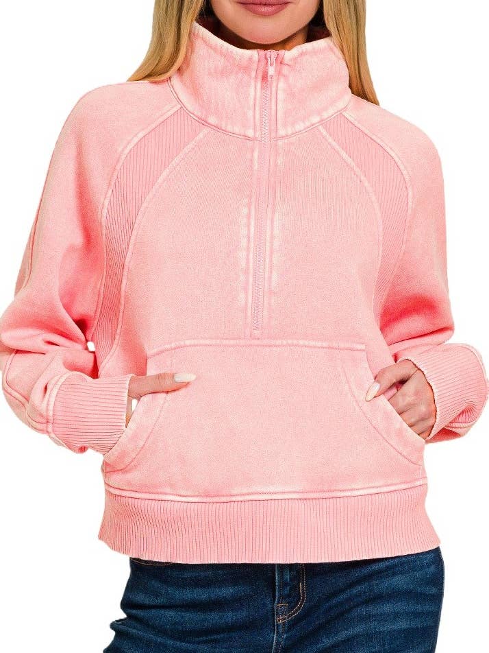Acid Washed Half Zip Fleece Pullover Kangaroo Pocket for wholesale by Vanilla Monkey