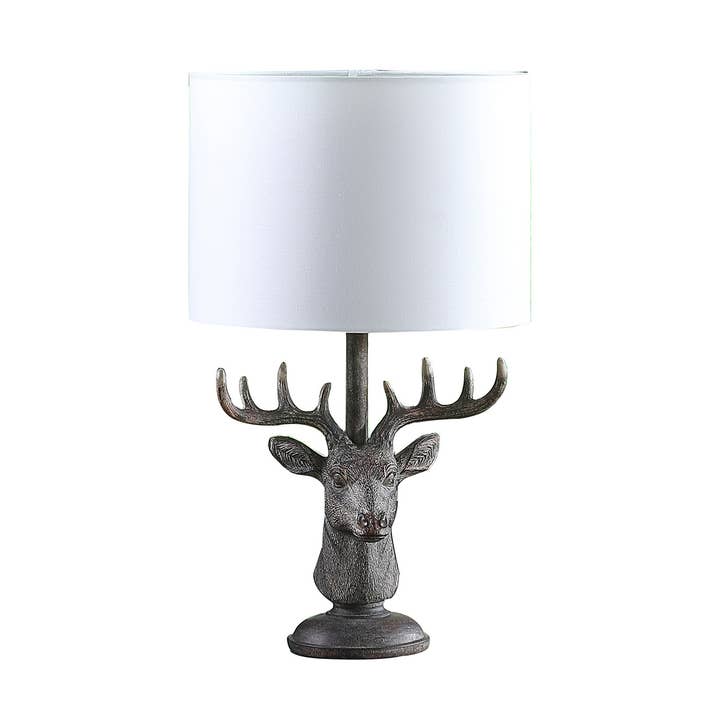 18" Antiqued Bronzed Stag Bust Table Lamp With White Shade for wholesale by HomeRoots