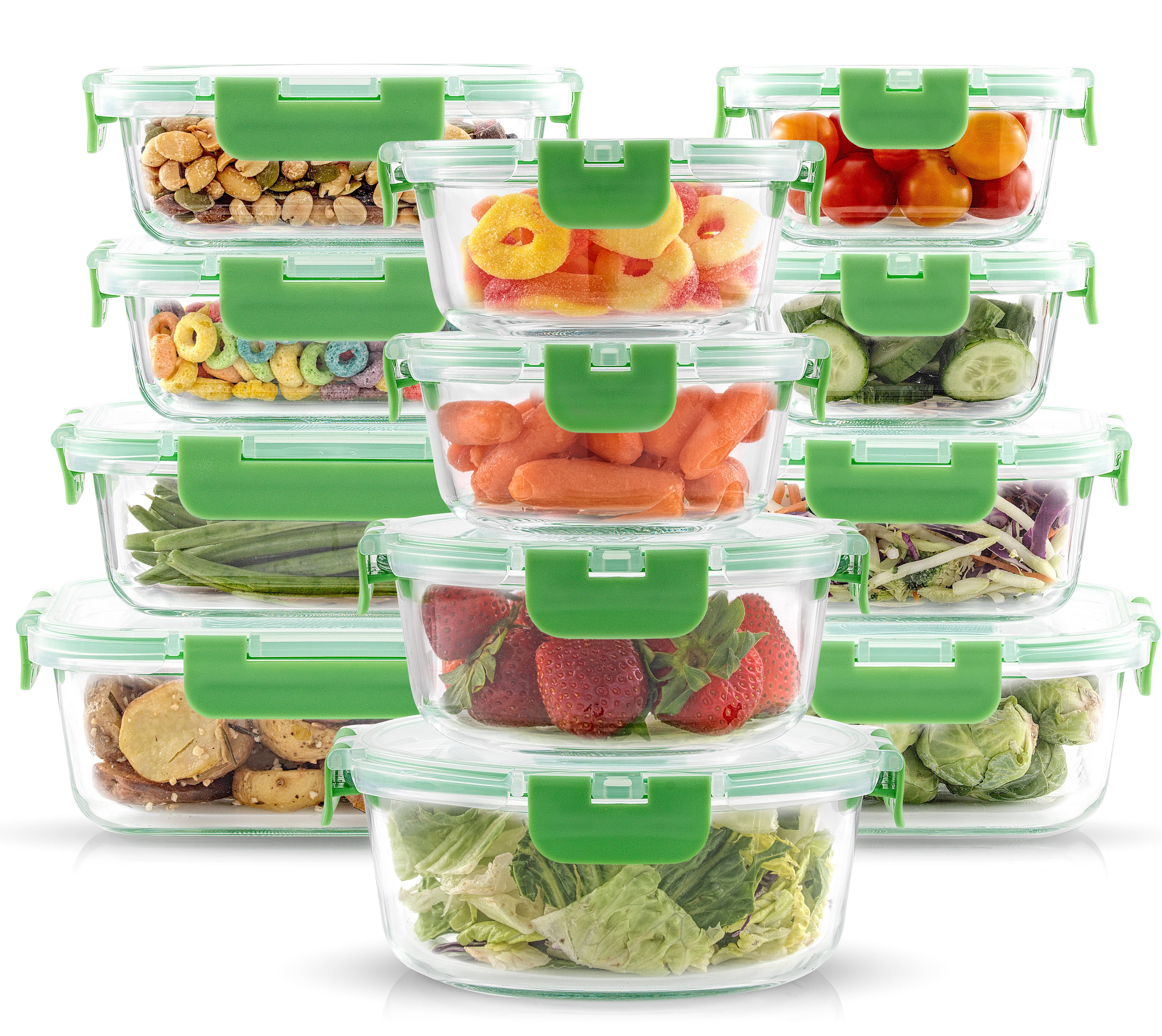 JoyJolt - Wholesale Food Storage Container - JoyFul 12 Glass Storage Containers With Green Leakproof Lids10