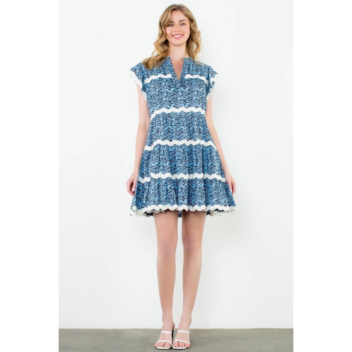 BLUE Wave Trim Flutter Sleeve Print Dress for wholesale on Faire