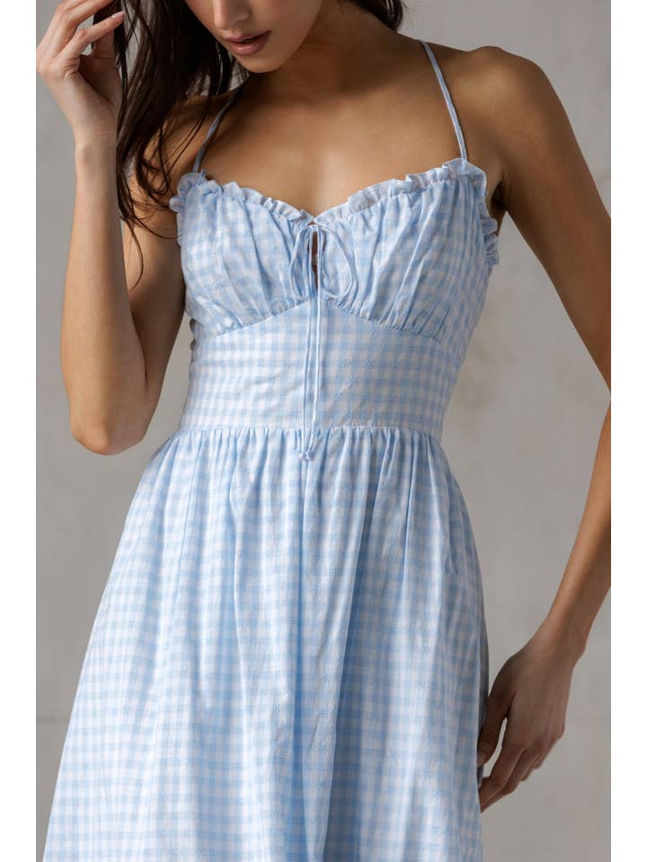 DSJD7605 - BLUE GINGHAM MIDI DRESS for wholesale on Faire