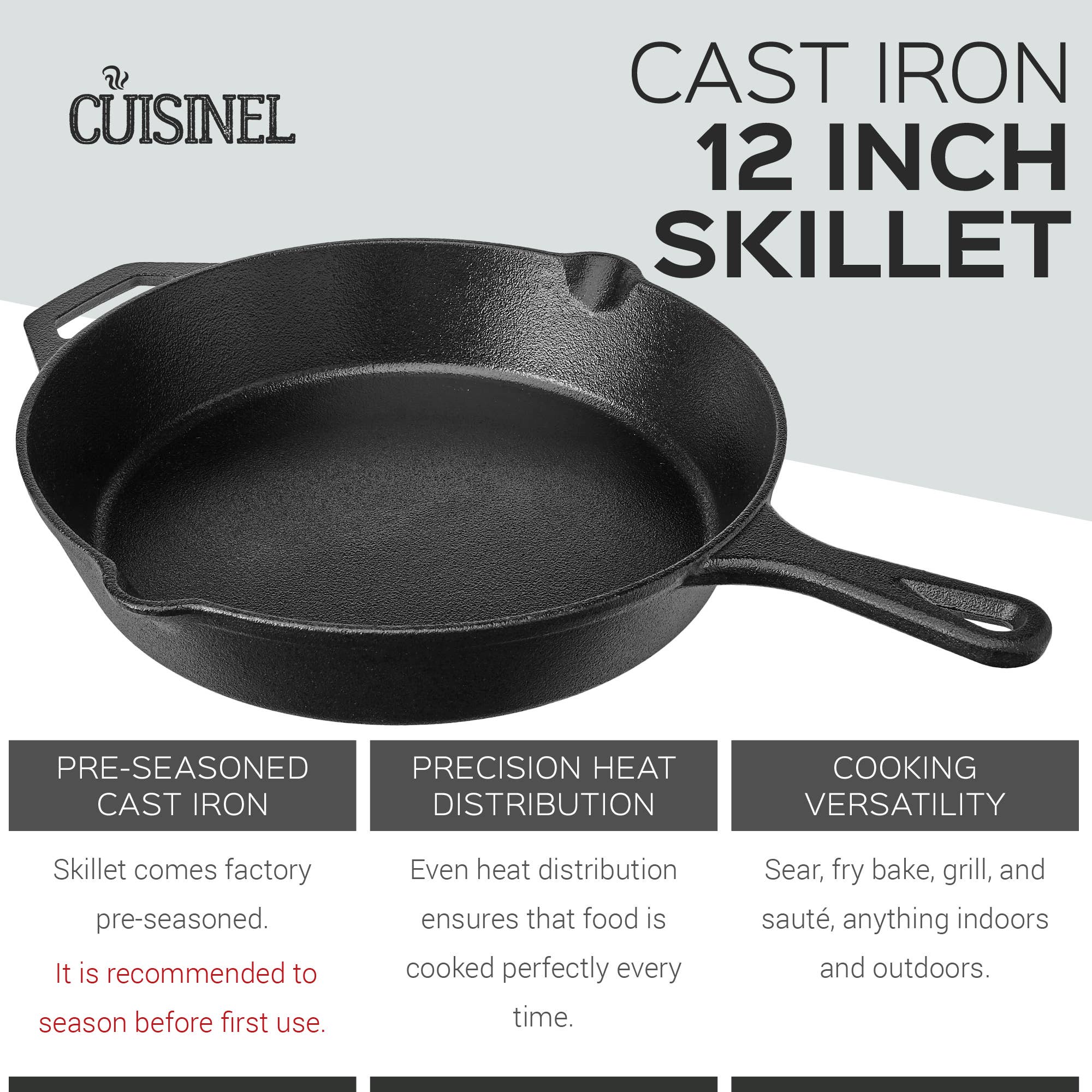 cuisinel - Wholesale Cast Iron Skillet - Cuisinel Pre-Seasoned Cast Iron Skillet 12-Inch W/ Handle1