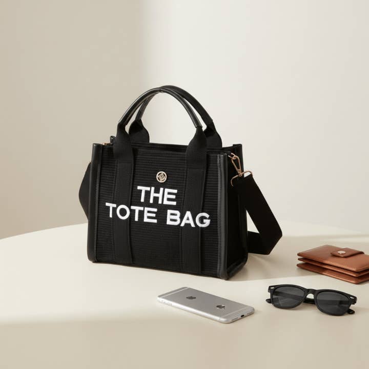 VIA FIORE – Großhandel Tragetasche – Damen – Schwarze Canvas-Tragetasche mit schwarzem Besatz5