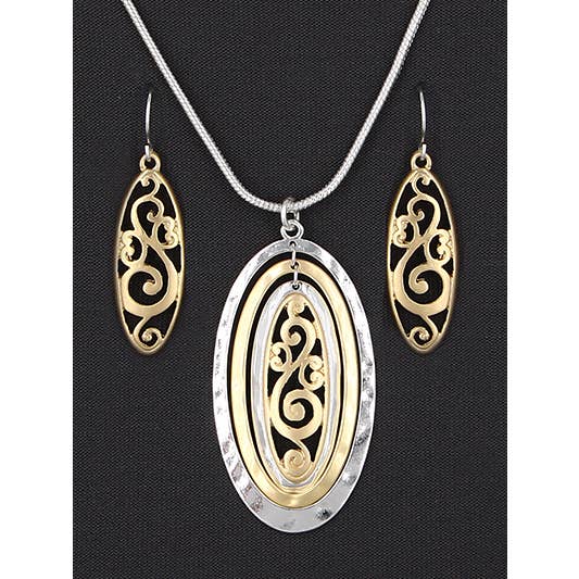 0011 PREMIERE - Wholesale Jewelry Set - FR2836 Matte Gold_Silver Layered Oval Ring Filigree Set