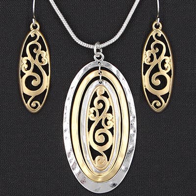 0011 PREMIERE - Venta al por mayor Juegos de joyas - Conjunto FR2836 de anillos ovalados con capas de oro y plata mate y filigrana