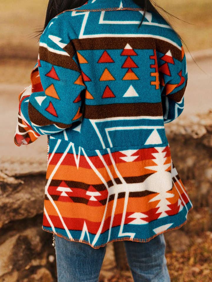 Sky Blue Aztec Bell Sleeve Lapel Jacket for wholesale on Faire