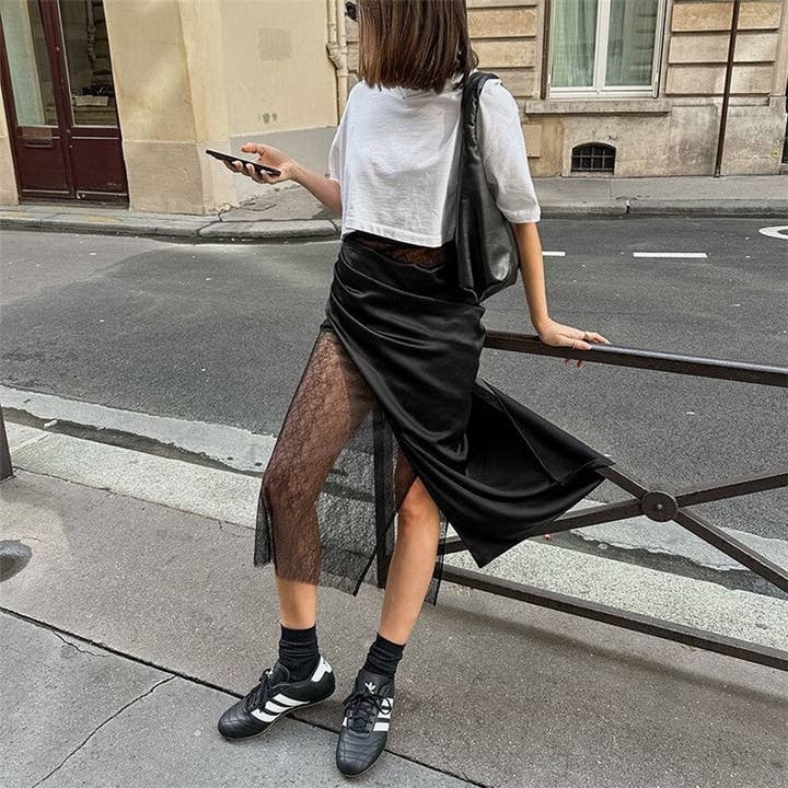 Black Wrap Lace Asymmetrical A Line Skirt for wholesale on Faire2