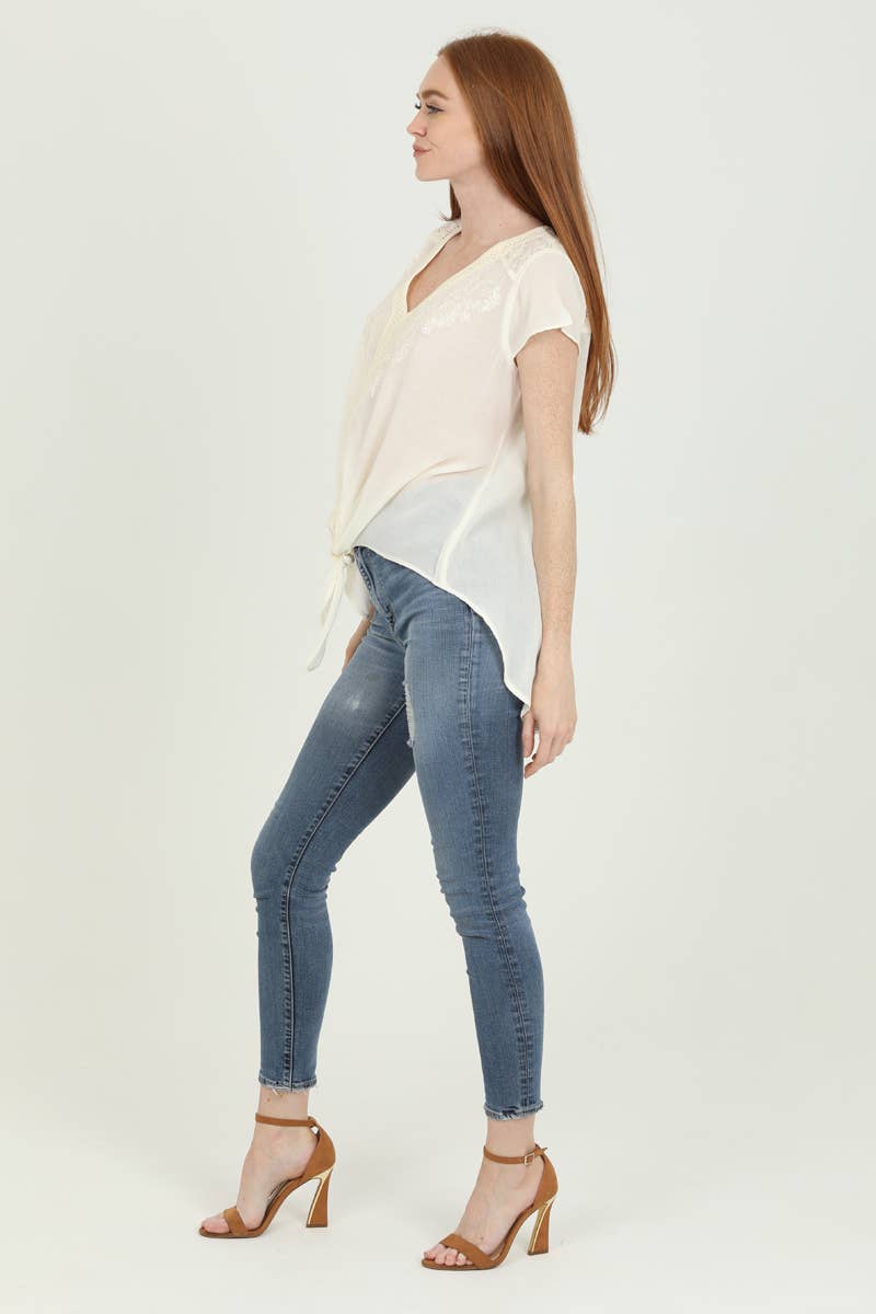 Nostalgia - Wholesale Blouse - Women's - N2U60-ASIS V NECK TIE WAIST TOP WTIH EMBROIDERY AND LACE29