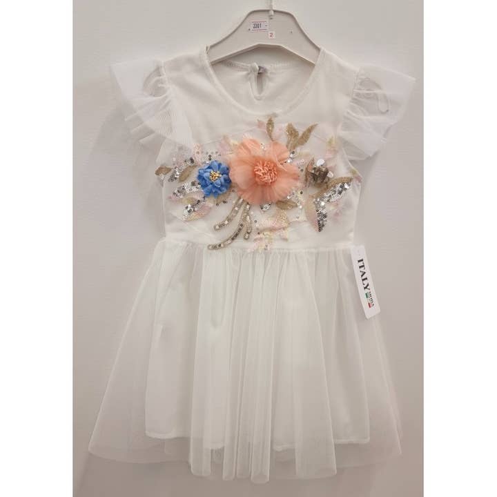 Child dress 4-14 years in white tulle with flower and sequins for wholesale by red white