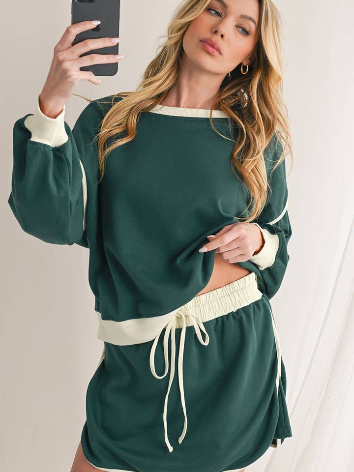 Rose Red Contrast Trim Loose Pullover and Lace-up Waist Shorts Set for wholesale by Kustom Kreations Goods