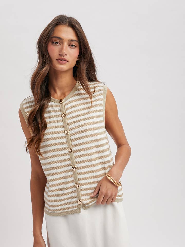 STRIPED BUTTON-UP SWEATER TANK / WL25-11909 for wholesale by Wishlist Apparel