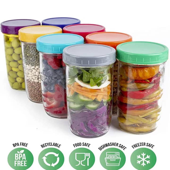Vigor Path - Vendita all'ingrosso Contenitori per alimenti - Coperchi Mason Jar - Compatibili con Ball, Kerr e altre marche - Tappi in plastica dai colori vivaci per conserve e barattoli di conservazione - Ermetici e a prova di versamento - Confezione da 16 (bocca larga - 3,38 pollici)