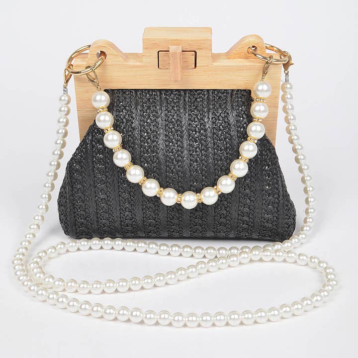 3AM BY H&D ACCESSORIES - Wholesale Clutch Bag - Women's - Faux Straw Wood Frame Clutch W/ Faux Pearl Chain