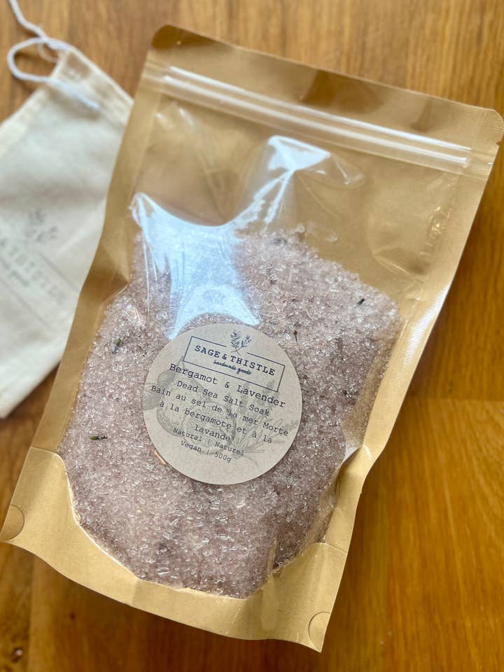 Bergamot & Lavender Dead Sea Salt Bath Soak for wholesale by Sage & Thistle Handmade Goods
