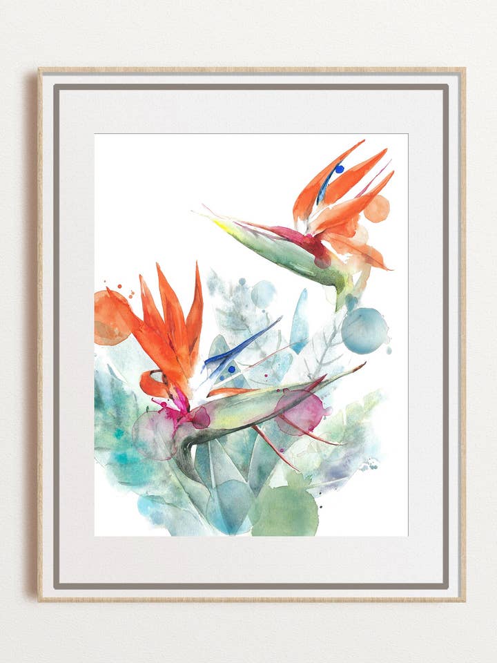 Bird of Paradise Watercolor Print, Tropical Floral Art for wholesale by Yuliasheart