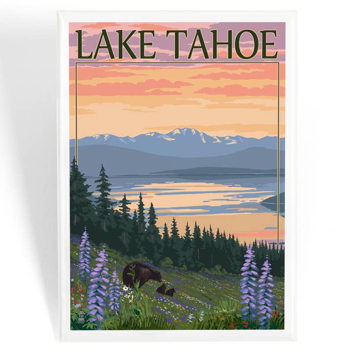 MAGNET Lake Tahoe, Black Bear & Cubs and Flowers for wholesale by Lantern Press