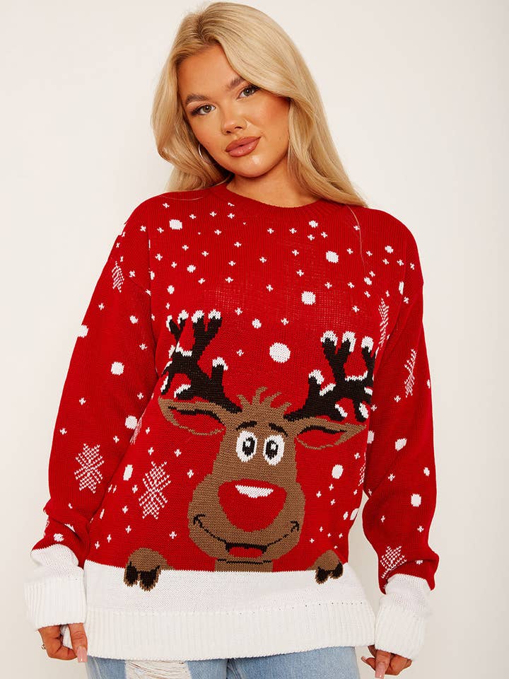 Stylewise Direct - Wholesale Knit Sweater - Women's - Christmas Rudolph Reindeer Snow Flake Jumper1