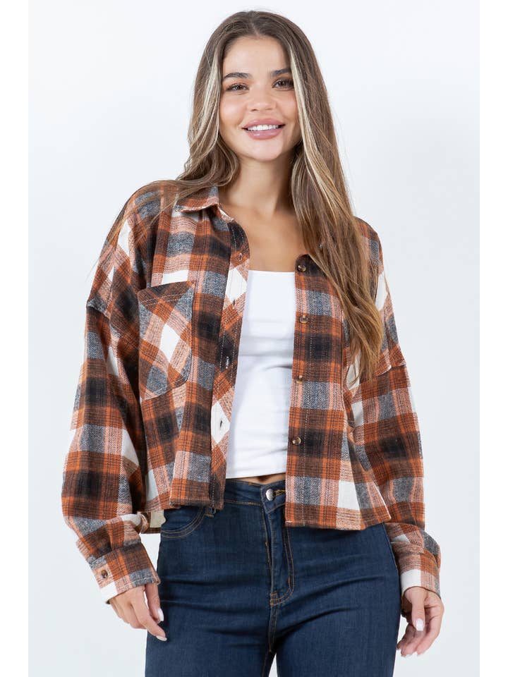 Veracci - Wholesale Button Down Shirt - Women's - Boxy Cropped Long Sleeve Plaid Over Shirt8