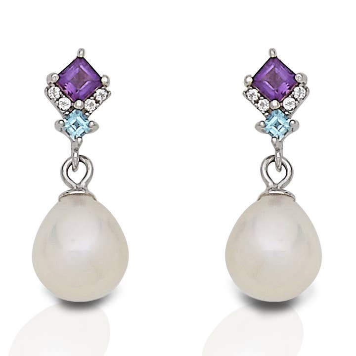 Pendientes de plata con amatista, topacio azul y perla de Kelly Herd para venta al por mayor de Kelly Herd Jewelry