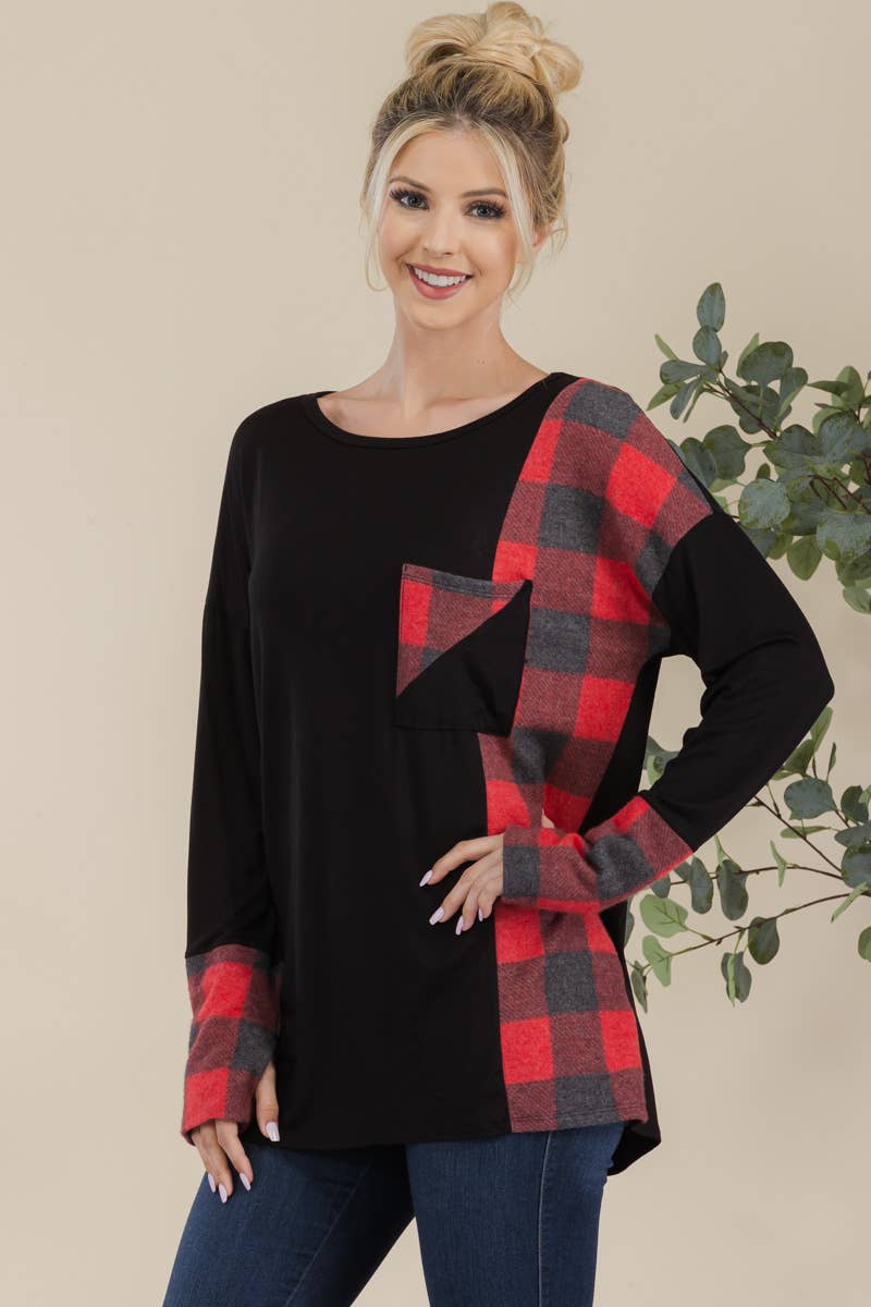 Celeste Clothing - Vendita all'ingrosso Tunica - Donna - TOP A MANICHE LUNGHE IN TARTAN PER MISSY E PLUS SIZE -CT43810B9
