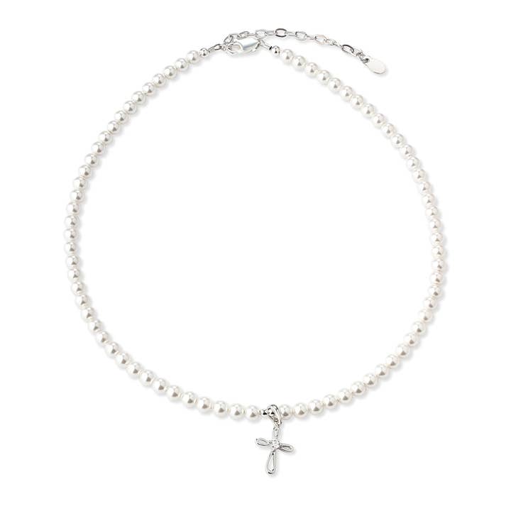 Girls Sterling First Communion Silver Pearl Cross Necklace for wholesale by Cherished Moments