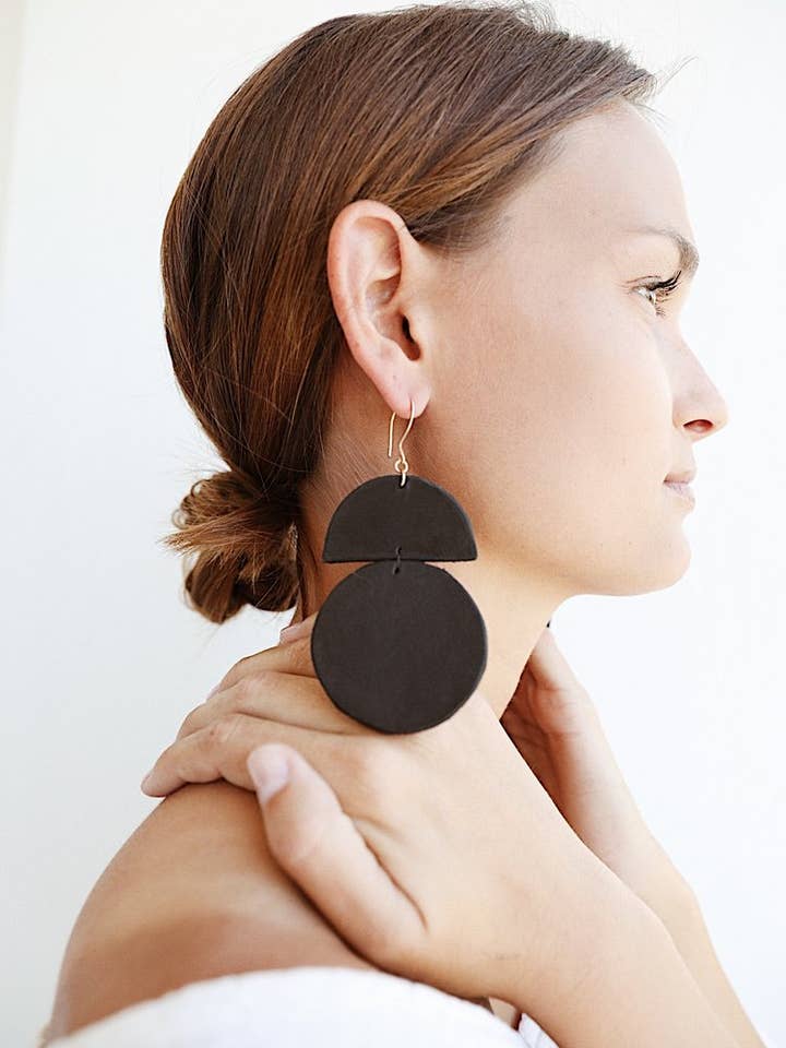 Duomo Leather Earring (14K Gold hook) Black for wholesale by Haiti Design Co.