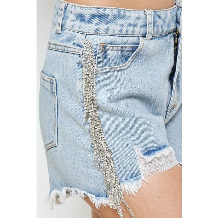 Rhinestone Side Washed Denim Shorts for wholesale by Clothing of America