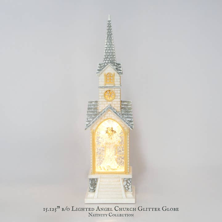 15.125" B/O Lighted Angel Church Glitter Globe, Xmas Decor for wholesale by IEGIFT