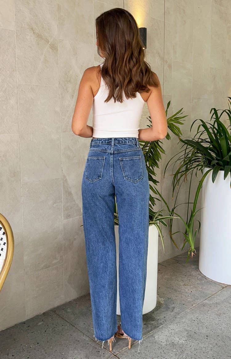 BLUE Crossbody retro beaded straight-leg denim trousers for wholesale on Faire4