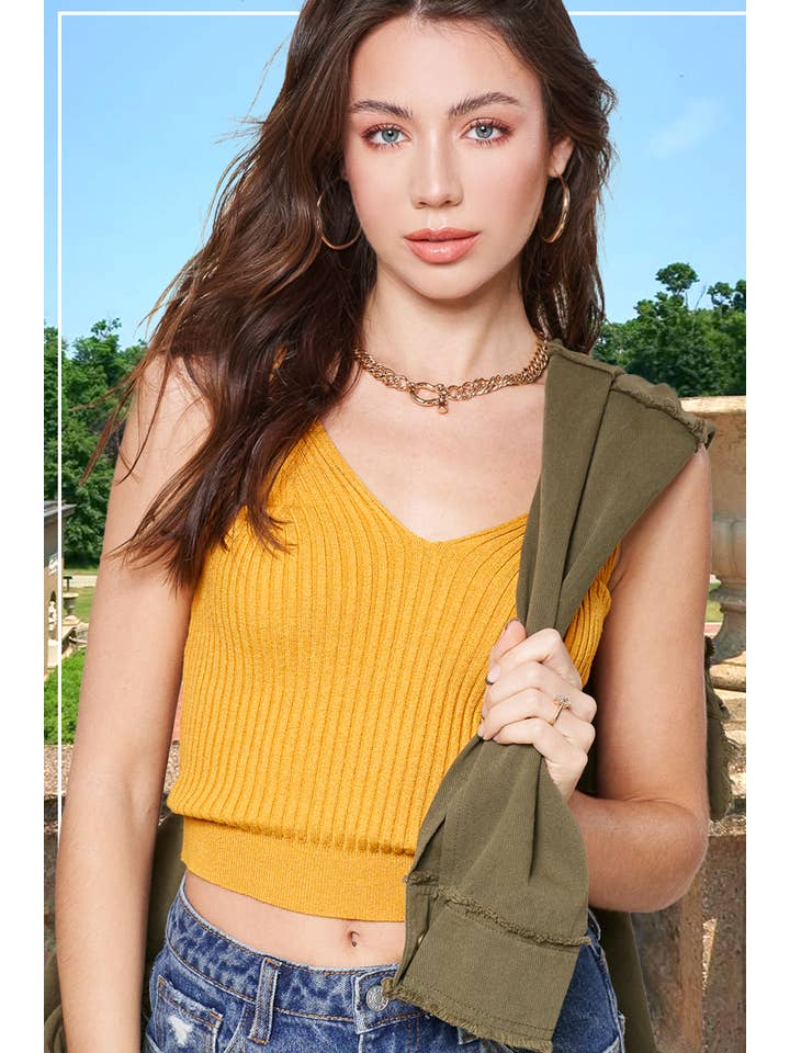 La Miel - Vendita all'ingrosso Top in maglia - Donna - Top crop senza maniche a costine con scollo a V morbido10