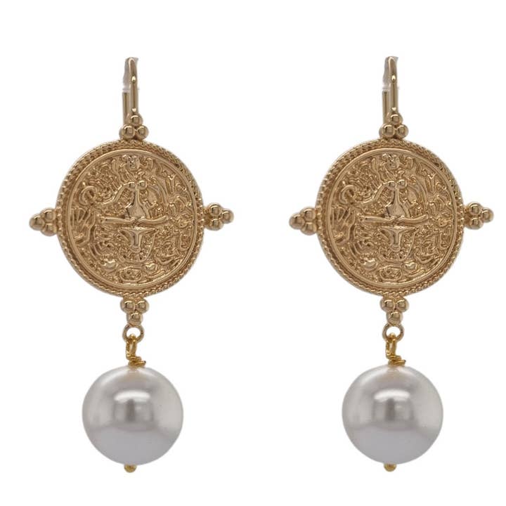 PearlGem Designs - Wholesale Dangle earrings - Goddess Greek Coin Shell Pearl Earrings