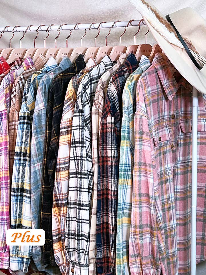 CWOJA406-P_FLANNEL PLAID JACKET SHACKET WITHOUT SIDE POCKET and other Purchase Wholesale bleached flannel. Free Returns & Net 60 Terms on Faire trending on Faire.