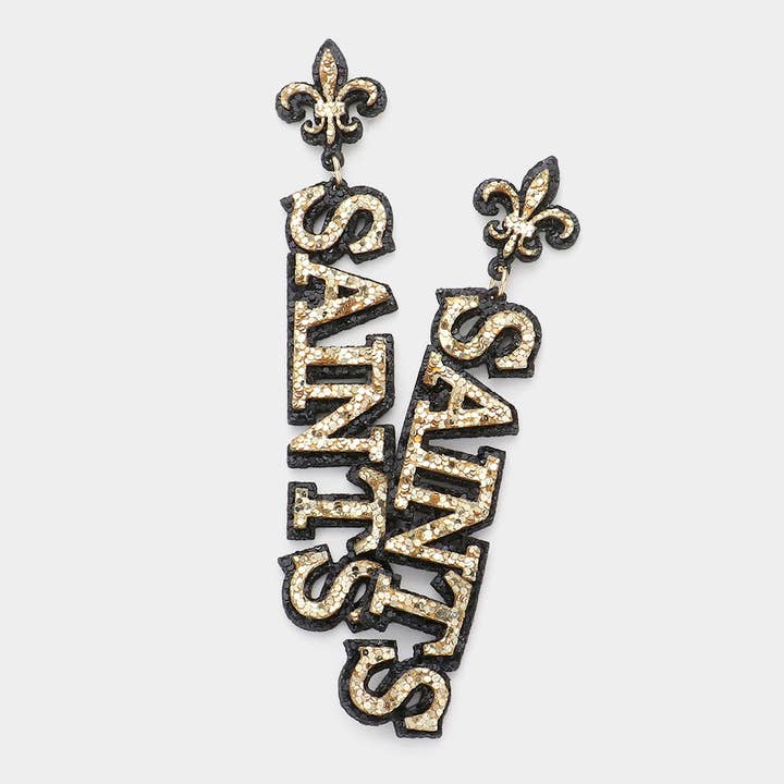 Sensibling Corp. - Wholesale Dangle Earrings - Felt Back Glittered SAINTS Message Fleur de Lis Earrings