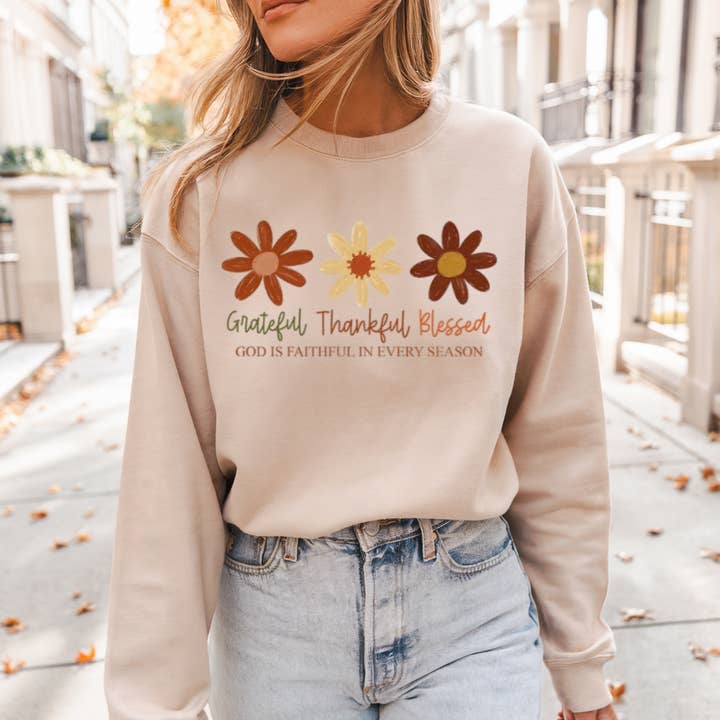 Taknemmelig, taknemmelig, velsignet, Gud er trofast i enhver sæson for engroshandel hos Sam & Seb Co.