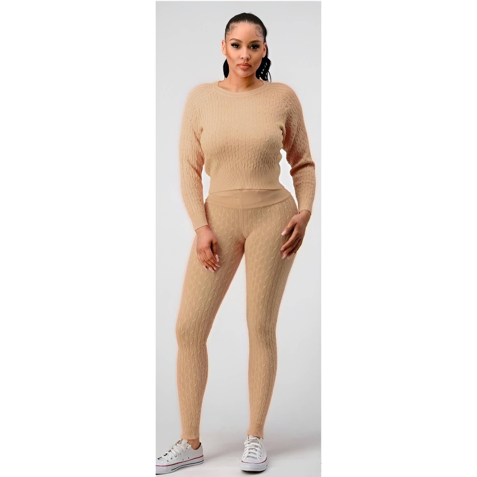 GRÄDDE TEXTURERAD STICKAD TOPP OCH BYXUPPSÄTTNING för wholesale på Faire0