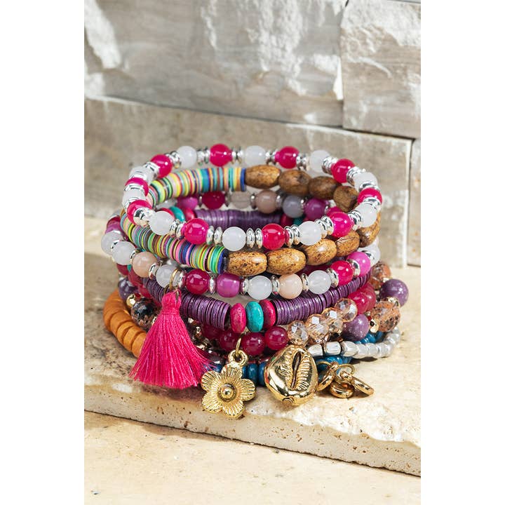 Moscow 10 Layered Wood and Glass Boho Bracelet Set for wholesale on Faire