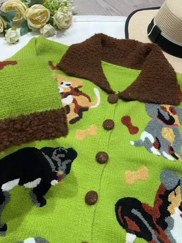 Rosa Clothing - Wholesale Cardigan - Women's - Cartoon puppy patterned Boxy Loose Knit Cardigan jacket7