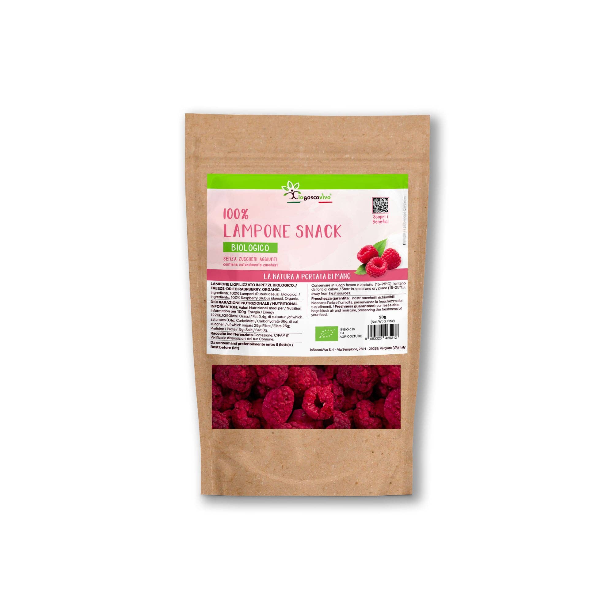 IoBoscoVivo – Engroshandel Tørret/dehydreret frugt – 100 % hindbær hele frysetørrede økologiske snack – 20 g0