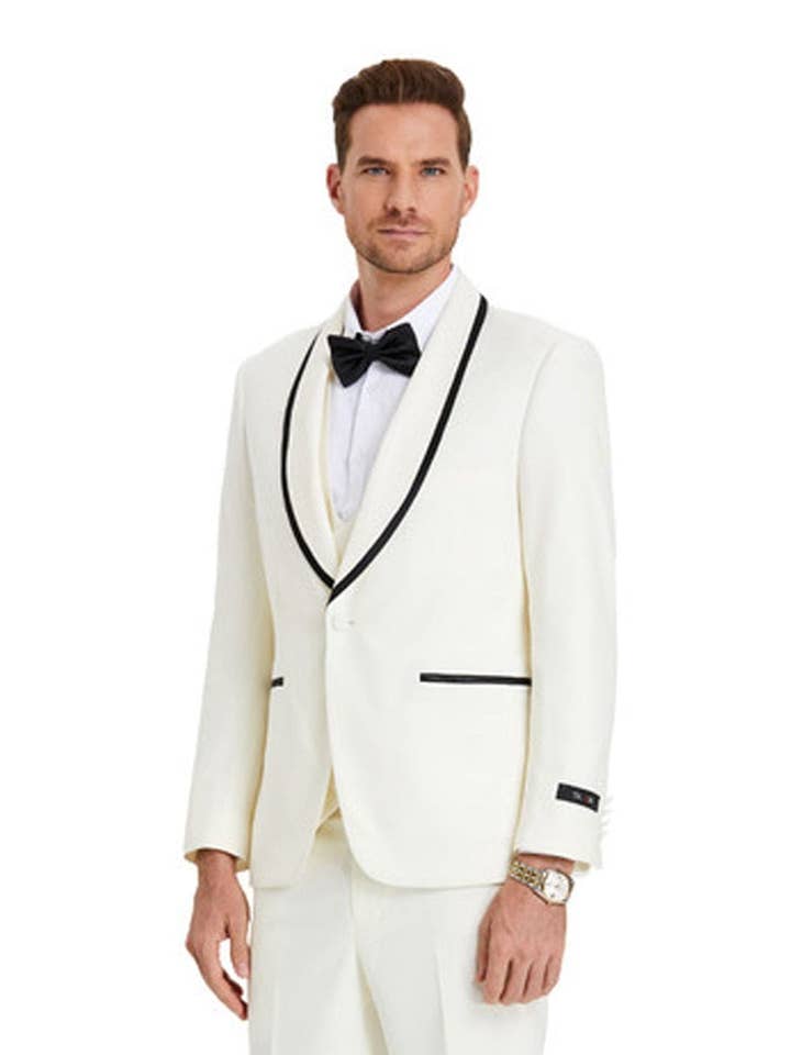 Tuxedo châle habillé de coupe moderne pour hommes en ivoire avec bordure noire pour la vente par Alberto Nardoni