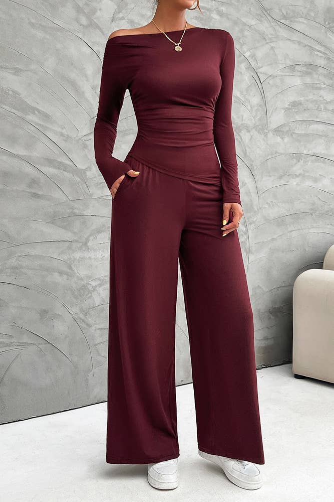 UNISHE - Wholesale Top & Pant Set (NOT Loungewear) - Women's - Casual Elegance Long Sleeve Top and Wide Leg Pants Set DY17512