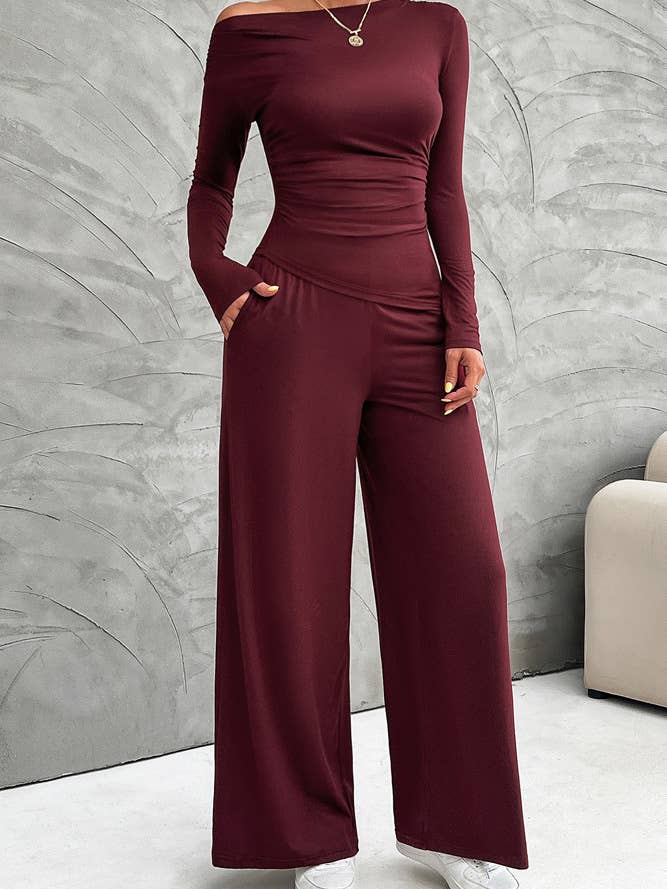 UNISHE - Wholesale Top & Pant Set (NOT Loungewear) - Women's - Casual Elegance Long Sleeve Top and Wide Leg Pants Set DY17512