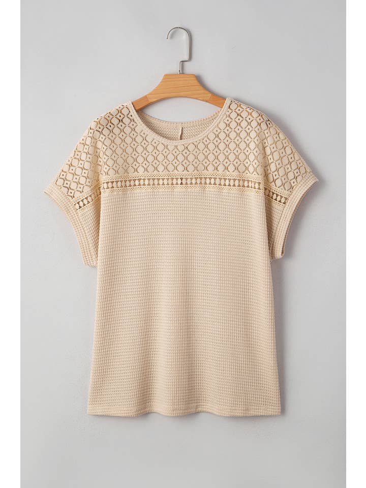 Oatmeal Plus Size Lace Waffle Patchwork Summer Top for wholesale on Faire