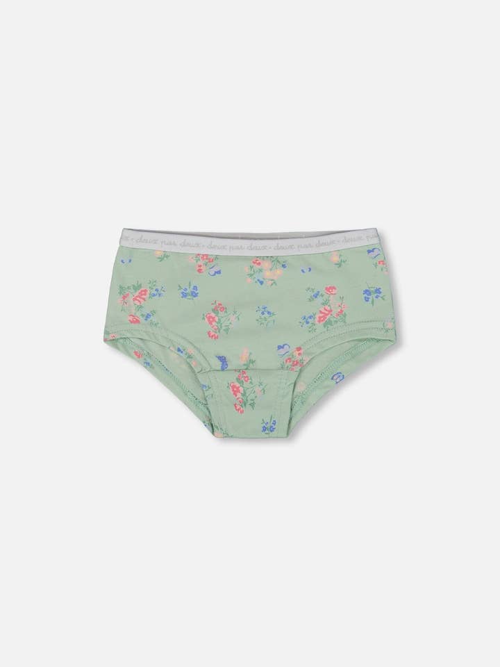 Bedruckter Boyshort-Slip aus Bio-Baumwolle, klein, rosa und blaue Blumen auf hellem Salbei für den Großhandel von Deux par Deux