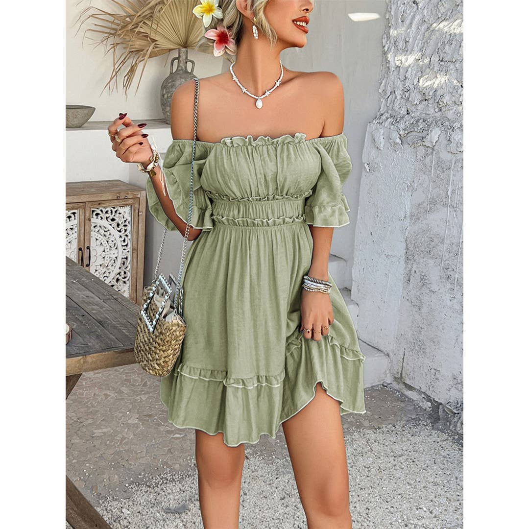 UNISHE - Vendita all'ingrosso Vestito - Donna - Abito a tinta unita con orlo a balze, scollo quadrato e maniche corte DY3348