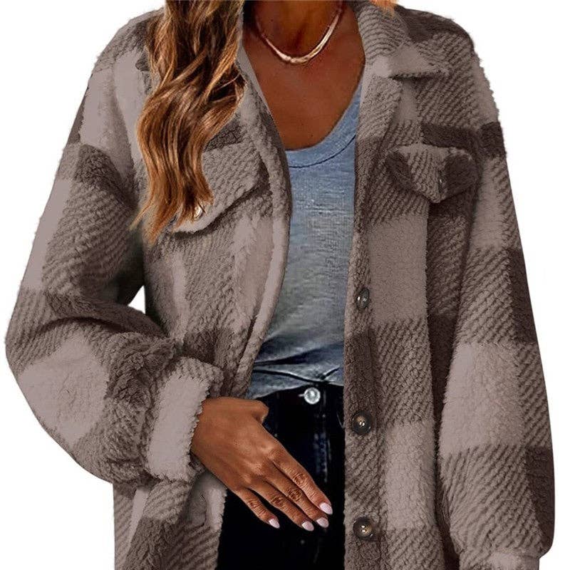 FurDecoration - Wholesale Jacket - Women's - Pocketed Plush Checkered Jacket1