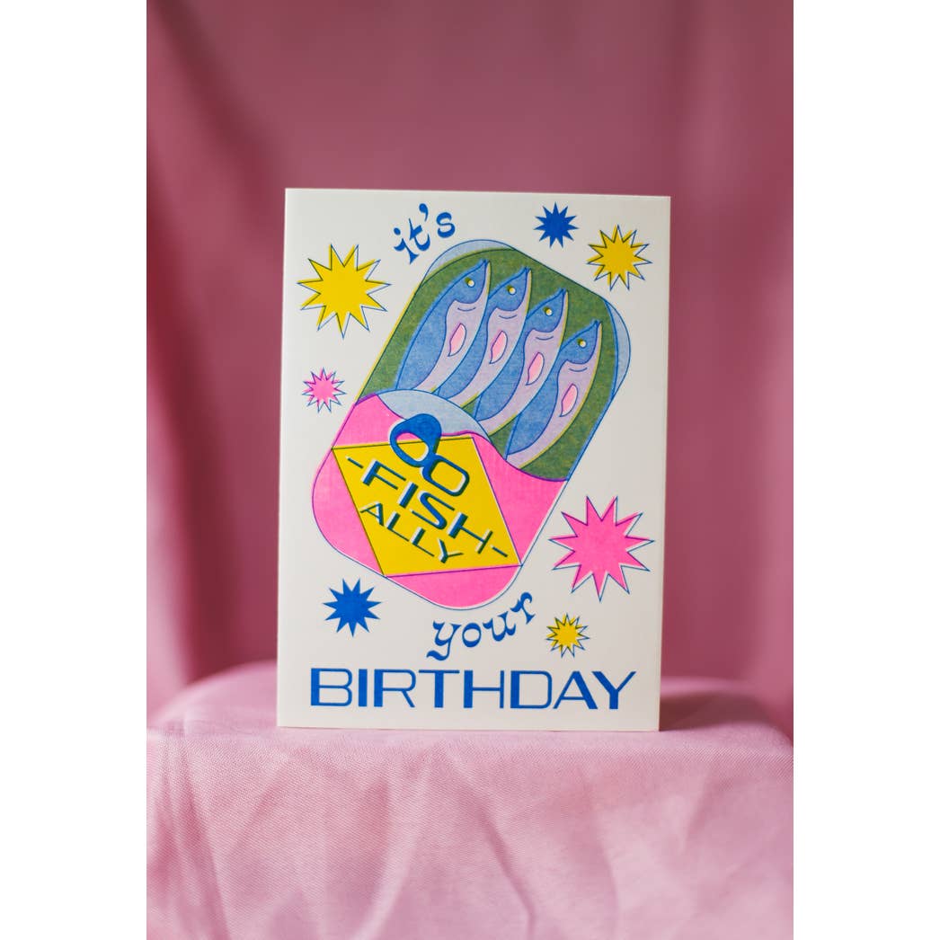 O-Fish-Ally Tinned Fish Birthday Risograph Greeting Card for wholesale by By Danielle Witten